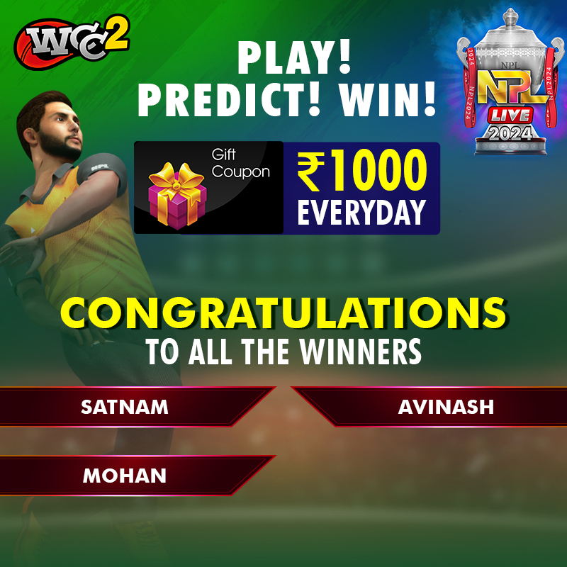 Play! Predict! Win! Congratulations to the winners #WCC3: wcc3.onelink.me/dToA/m08zqlesE… day: ➡️ Play and Predict the winning team in NPL Live 📷 Get Raffle token and WIN ₹1000! (Yes, EVERY DAY!) #IPL2024 #cricketfans #cricketfamily #thebestneverrest #worldcricketchampionship3