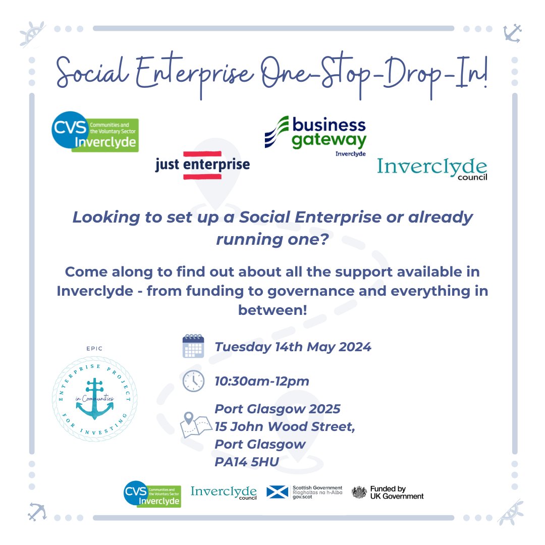 Social Enterprise One-Stop-Drop-In!

Looking to set-up a Social Enterprise? Looking for support and guidance for an existing Social Enterprise?

📅 14th May 2024
🕰 10:30am-12noon
🗺 Port Glasgow 2025, 15 John Wood Street, Port Glasgow, PA14 5HU
