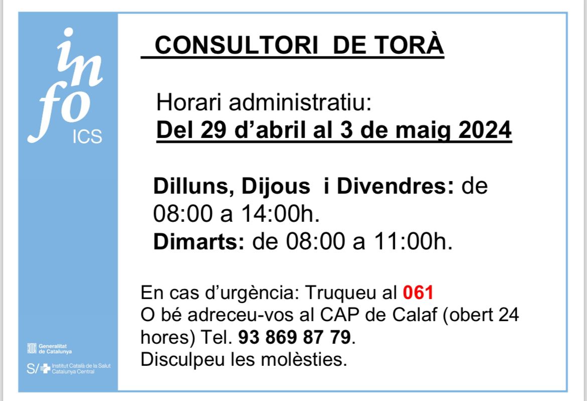 Horaris del consultori mèdic del 26 d'abril fins al 3 de maig👇