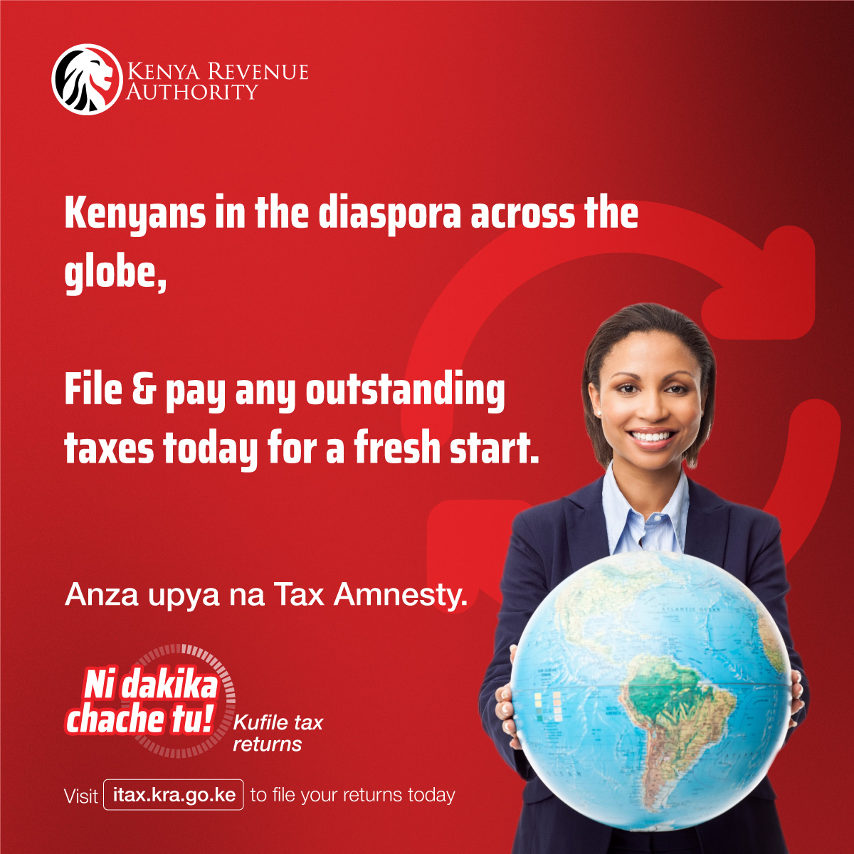 Jambo Kenyans in the diaspora.👋 We are offering 100% tax amnesty on interest and penalties for tax debts accumulated up to 31st December 2022. Settle any outstanding taxes today to take advantage of this unique opportunity. Ni dakika chache tu!👌 bit.ly/3F53A60