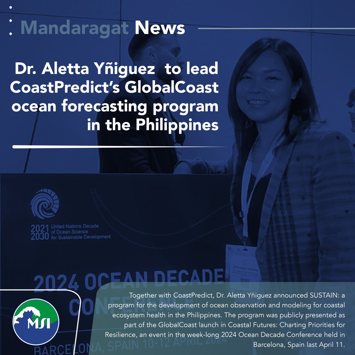 Addressing coastal threats begins with identifying the problem. As part of the GlobalCoast launch on April 11, Dr. Aletta Yñiguez from UP MSI announced the SUSTAIN program to enhance capacity in ocean observation, modeling, and monitoring. Read more: msi.upd.edu.ph/dr-aletta-ynig…