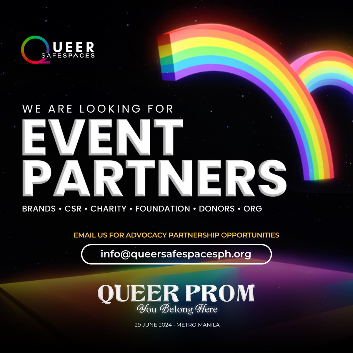 Can you be our Queer Prom Partner this Pride Month? 🌈

With your support and our vision, we can make this event the most impactful and memorable yet. ✨

📧 EMAIL US: info@queersafespacesph.org 

#QueerPromPH #YouBelongHere #QueerSafeSpaces #lgbtqia #pride