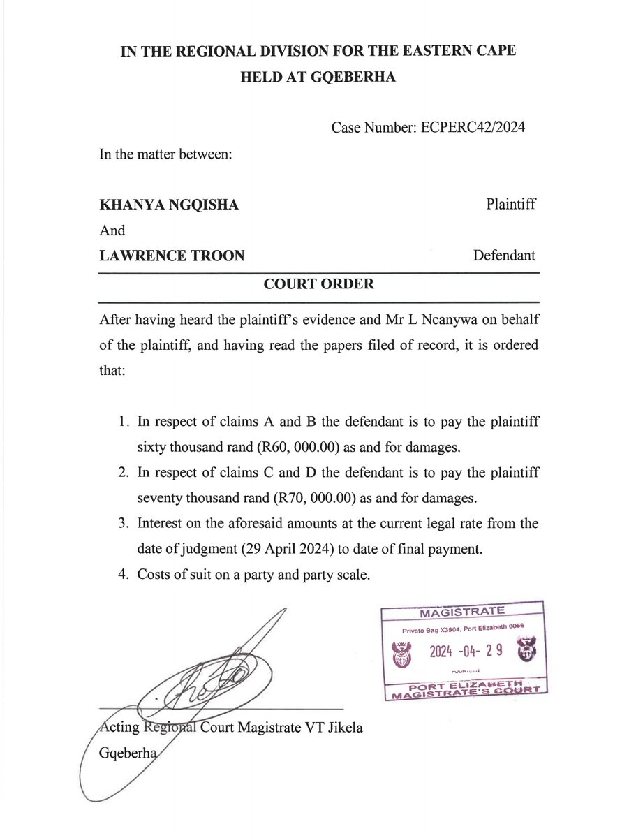JUST IN: Nelson Mandela Bay GOOD councillor Lawrence Troon has been ordered to pay EFF regional chairperson and councillor Khanya Ngqisha R130 000 in damages. Ngqisha lodged a case of defamation against Troon following comments he made on social media and on TV. #NMBCouncil
