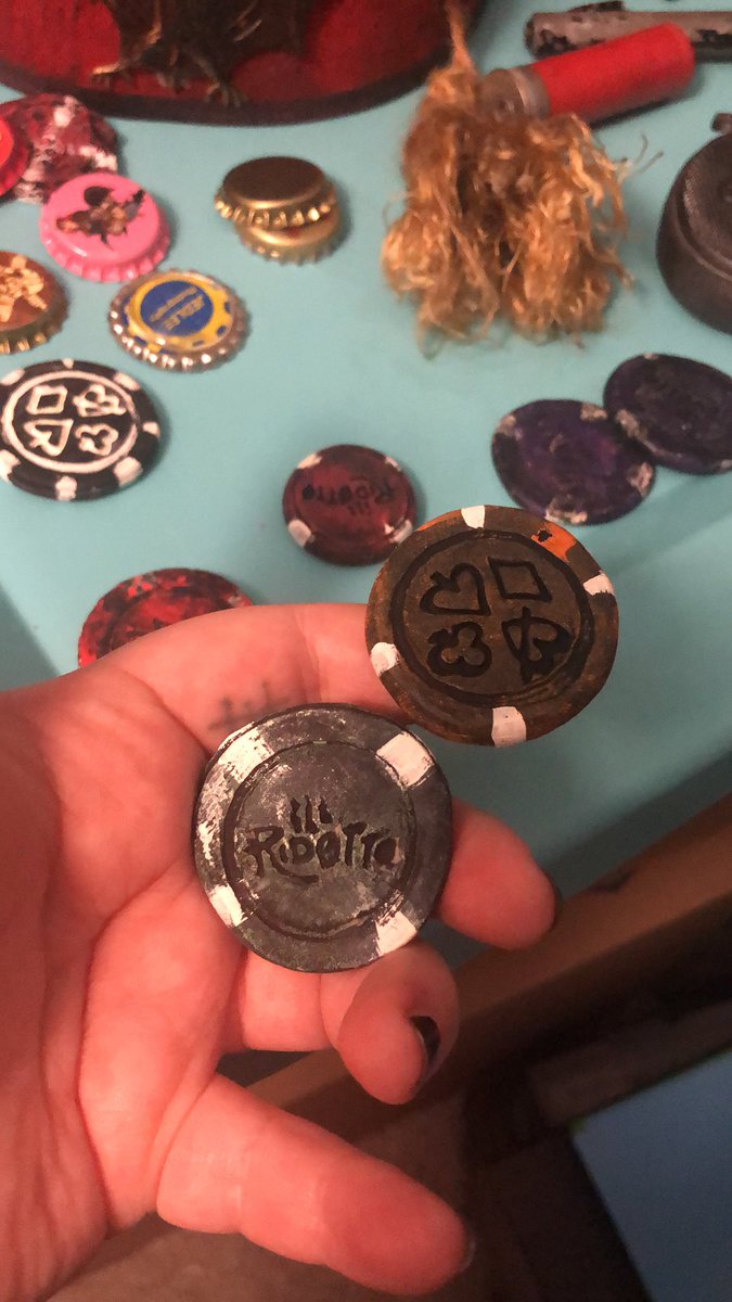 We reasoned that Dorian and Dollface were from a diff region and lived exclusively in the Ill Ridotto casino community, so they only used pokerchips as currency. Each chip was hand made and painted! They are real funky and ugly and irradiated just like Dorian + Dollface!