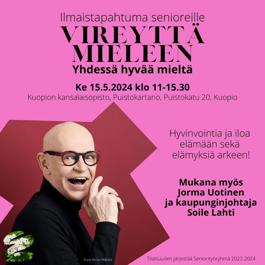 Vanheneminen.fi (@vanheneminen) on Twitter photo Vireyttä mieleen senioritapahtumassa kokemusasiantuntijat, Ikäoppaat järjestävät Antaa palaa-rockin Einos orkesterin tahdittamana. Tule mukaan!
<a href="/VTKL10/">Vanhustyön kl - VTKL</a> <a href="/OLVI_saatio/">OLVI-säätiö</a> Vireyttä mieleen senioritapahtumassa kokemusasiantuntijat, Ikäoppaat järjestävät Antaa palaa-rockin Einos orkesterin tahdittamana. Tule mukaan!
<a href="/VTKL10/">Vanhustyön kl - VTKL</a> <a href="/OLVI_saatio/">OLVI-säätiö</a>