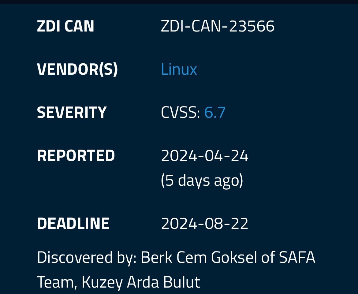 The 0day vulnerability we discovered has been published on ZDI with the tag ZDI-CAN-23566

@berkcgoksel