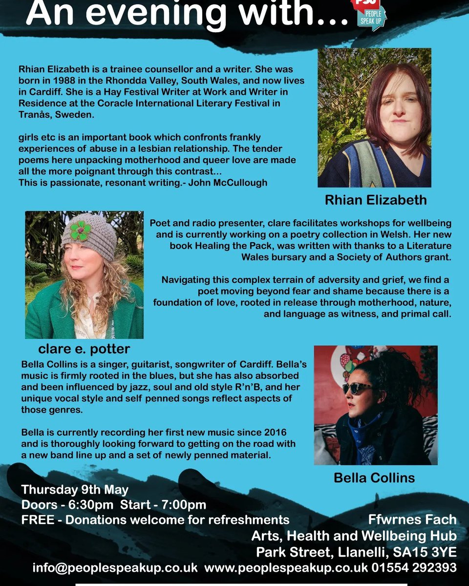 After launching my new book Healing the Pack, I'll be reading alongside poet Rhian Elizabeth and musician Bella Collins, two artists I really admire. Join us, May 9th, 6.30 Ffwrnes Fach #Llanelli @Peoplespeakup1 @VervePoetryPres @brokensleep @BellaCollinsMus