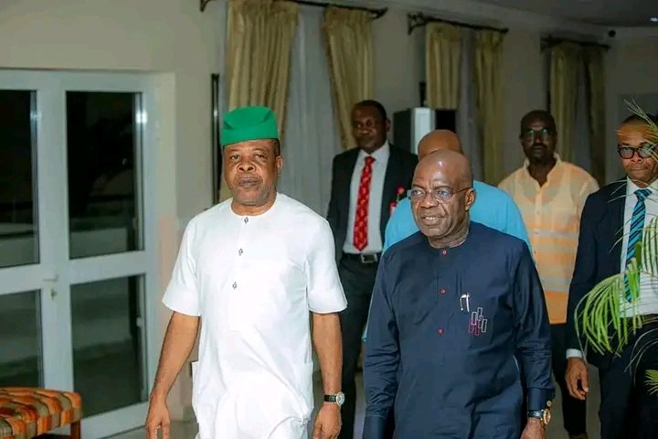 Abia State Gov, Dr. Alex Otti, on Sunday, received former Gov of Imo State, Rt. Hon. Emeka Ihedioha, who paid him a visit at his residence in Nvosi Isialangwa. Ihedioha, former Deputy Speaker of Nigeria's House of Representatives, was on a private visit to the Abia Governor.