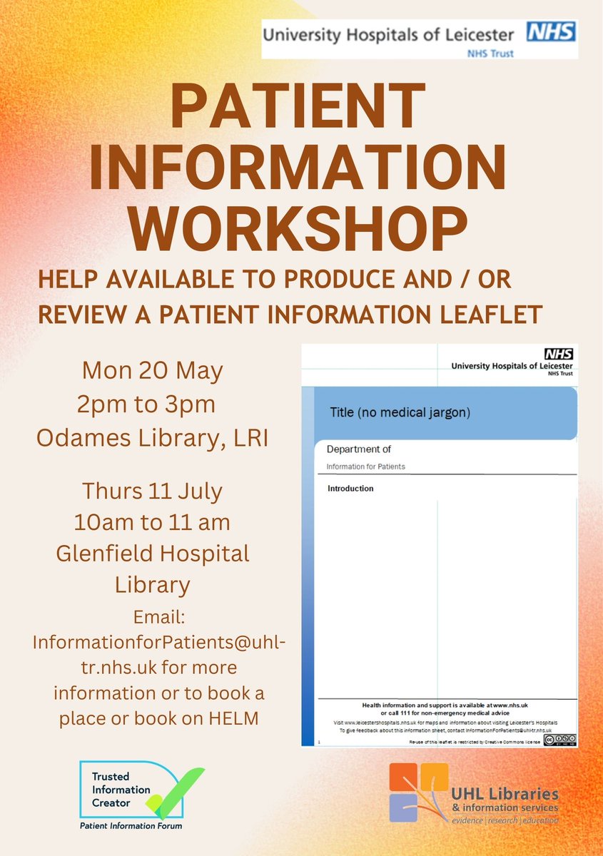 📣 @Leic_hospital staff. Are you struggling with writing or reviewing a patient information information leaflet? 
Sign up to our 🆕leaflet workshop.
Book on HELM. Spaces limited 👇
@LearningUHL1 @UHL_ClinEd @WACEducationUHL @ItapsUhl @UHLRRCV @EsmRrcv