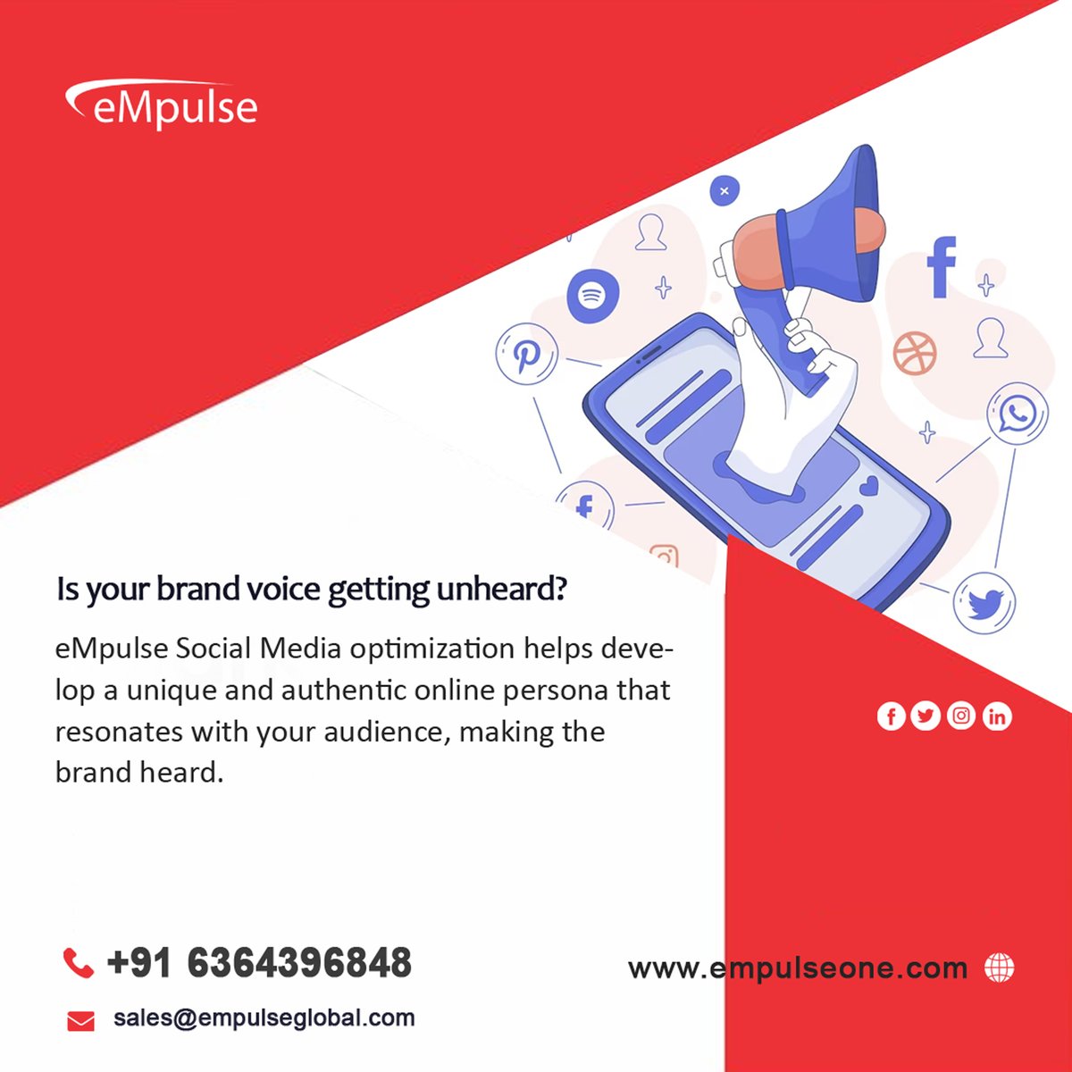 Is your brand voice getting unheard? eMpulse Social Media optimization helps develop a unique and authentic online persona that resonates with your audience, making the brand heard. Visit: empulseglobal.com #empulseglobal #socialmediaoptimization #SMO #BrandVisibility