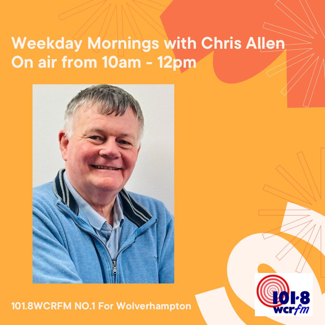 Chris Allen on air 10-12. Also, it's Maternal Mental Health Awareness week - and Gray from Wolverhampton Samaritans will be encouraging us to look after ourselves and Debbie Huxton will be along with a Money Saving Tip. 101.8FM | DAB | wcrfm.com | Smart Speaker