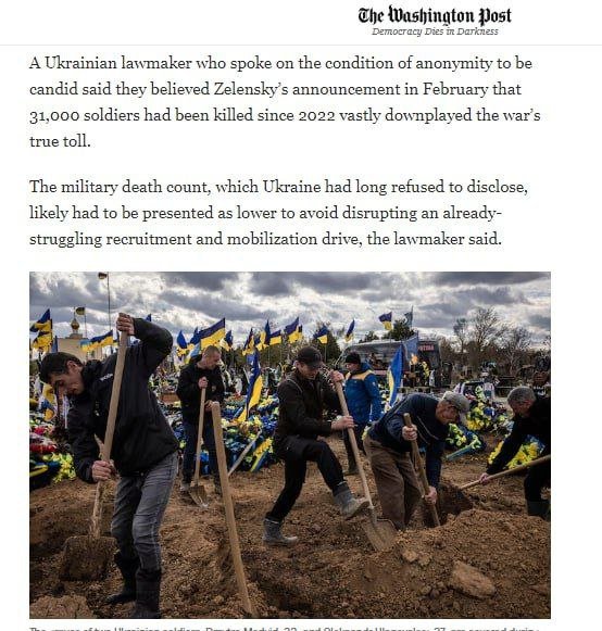 Zelensky significantly downplays true losses from war Mobilization is discouraged by “concerns about unlimited terms of service, dissatisfaction with low pay and fears that the Ukrainian government will not adequately care for the families of those killed or wounded.”