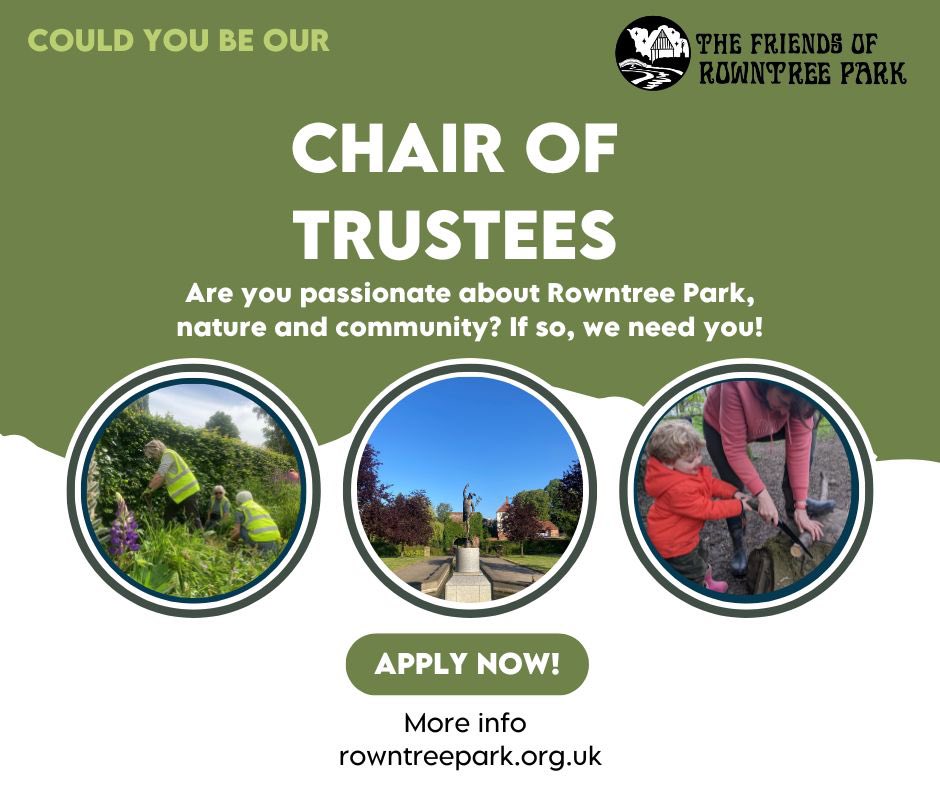 🌳 Passionate about parks & community? Join us as Chair of Trustees for The Friends of Rowntree Park! Lead strategic direction & shape our charity's future. 👉 Apply now! rowntreepark.org.uk