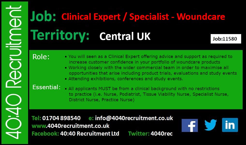 REF: 11580 #CLINICALEXPERT / #CLINICALSPECIALIST #WOUNDCARE #WOUNDMANAGEMENT CENTRAL UK  Details can be viewed at: zurl.co/vzYd  #tissueviability #clinicaladvisor #RGN #nursejobs #clinicalstudies #productevaluations