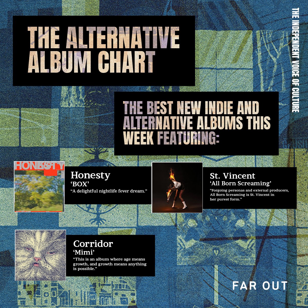 The Alternative Album Chart: the best new indie and alternative albums this week Featuring: Honesty, @st_vincent, @corridormtl and many more 🎧 Full feature 👇 faroutmagazine.co.uk/alternative-al…