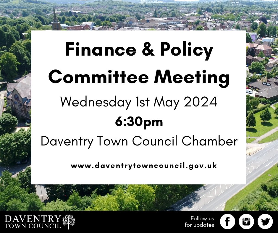 The next 𝗙𝗶𝗻𝗮𝗻𝗰𝗲 & 𝗣𝗼𝗹𝗶𝗰𝘆 𝗖𝗼𝗺𝗺𝗶𝘁𝘁𝗲𝗲 𝗠𝗲𝗲𝘁𝗶𝗻𝗴 will take place on Wednesday 1st May at 6.30pm at the Town Council Chamber. Members of the press and the public are welcome to attend. Find the meeting agenda here ⬇️ daventrytowncouncil.gov.uk/council-meetin…