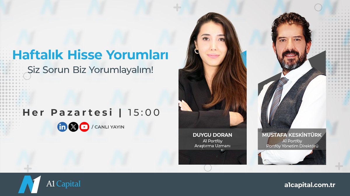 📈Hisse Yorumları📉

Para ve sermaye piyasaları ile ilgili son gelişmeleri @A1Portfoy Portföy Yönetim Direktörümüz @Mkeskinturk1, A1 Portföy Araştırma Uzmanımız @ddygylmz moderatörlüğünde yorumluyor.    

🗓 29 Nisan Pazartesi
🕒 15.00
📺 Canlı Yayını İzlemek İçin