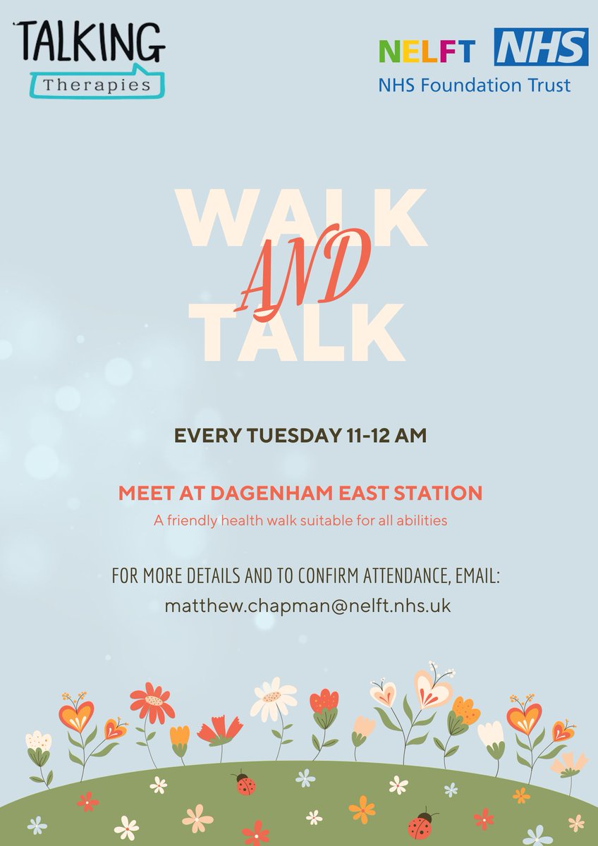 Talking Therapies hosts a Walk and Talk every Tuesday 11am-12pm, one of their many support services. Meeting at Dagenham East station, this is a friendly health walk for all abilities For more details and to confirm your attendance by emailing matthew.chapman@nelft.nhs.uk