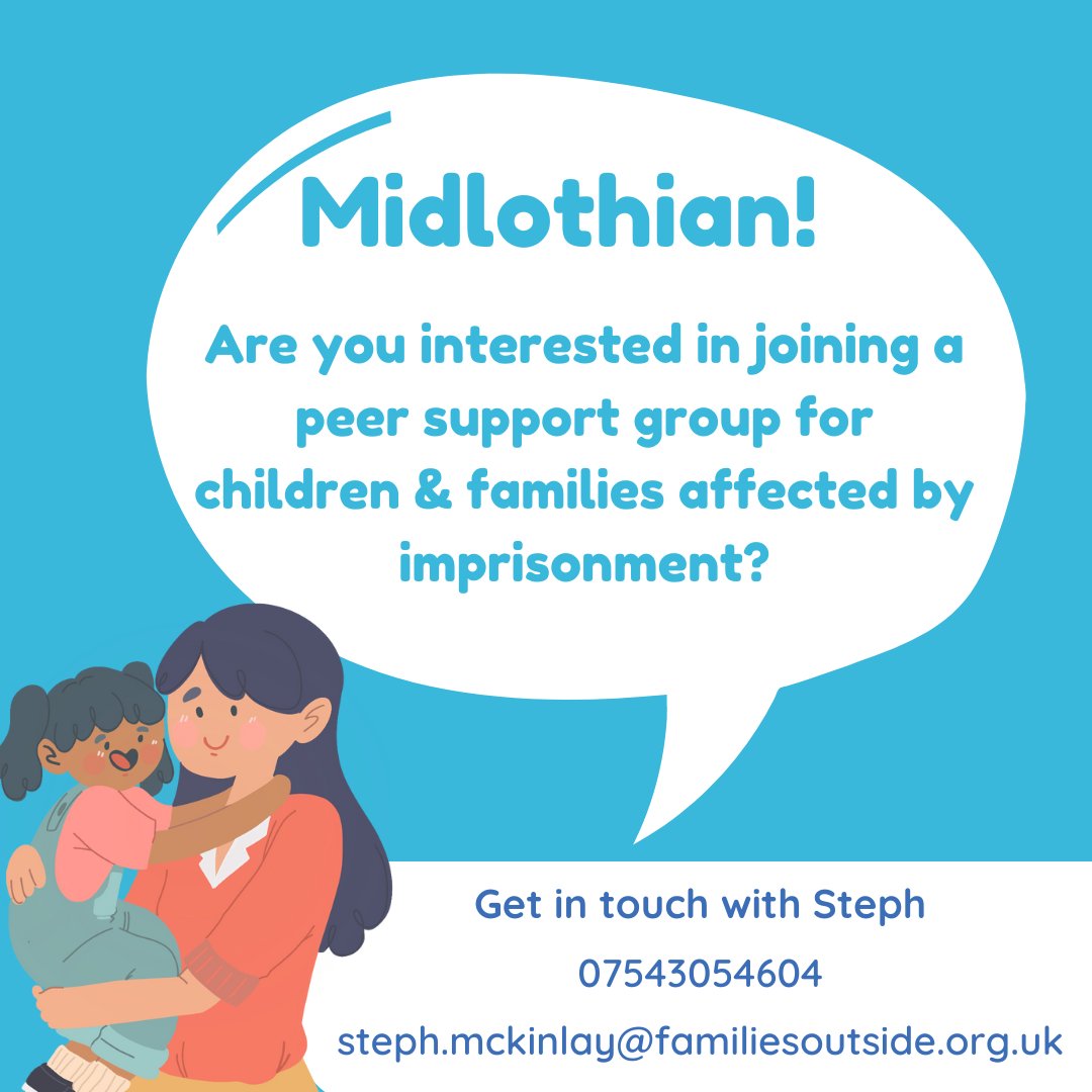 We’re so excited to be starting a new Peer Support Group in Midlothian ☀️ Our group will be for primary-school aged children and their family! If you are a family member affected by imprisonment who would be interested in this group, please get in touch with Steph! 💬