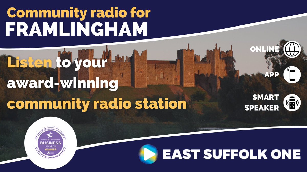 Framlingham, we're broadcasting excellence! Tune into your AWARD-WINNING community radio. Everything East Suffolk and your all-day playlist of the best songs from the 90s to now. Available on Alexa, online, or via our brand-new app. #Community #Framlingham #Suffolk