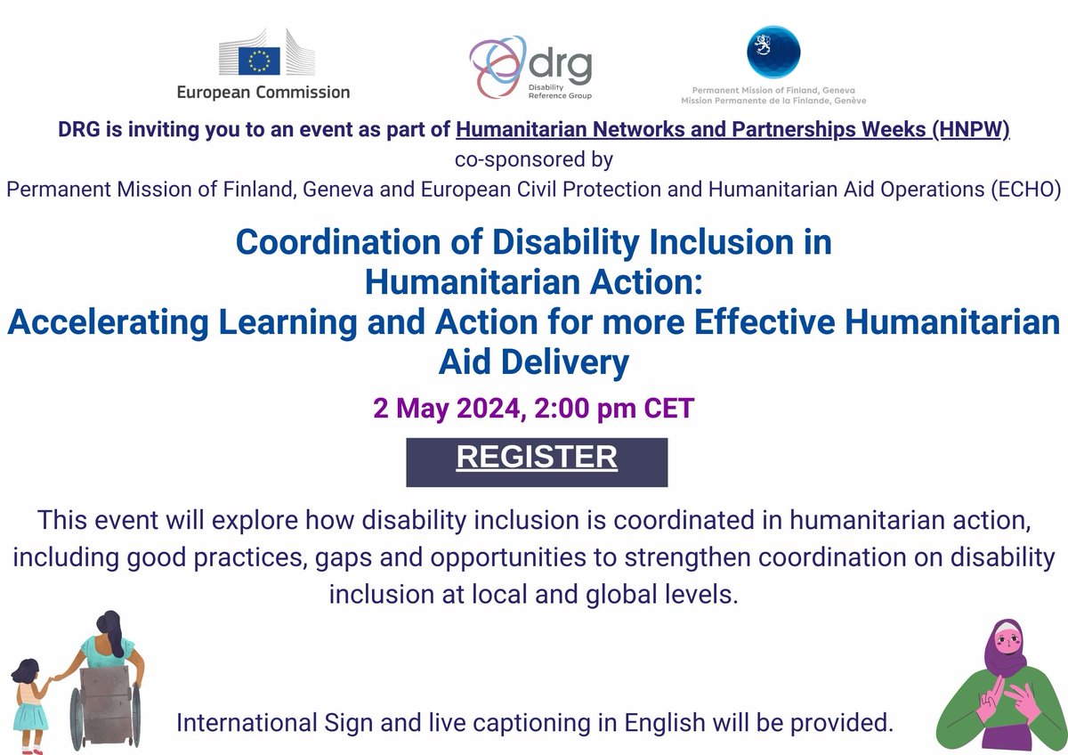 Join DRG event at #HNPW! Coordination of Disability Inclusion in Humanitarian Action: Accelerating Learning and Action for more Effective Humanitarian Aid Delivery 🗓️ 2 May 2024 🕑02:00 – 03:30 pm CET ➡️ Register NOW! bit.ly/3wdqnM7 Co-sponsored @FinlandGeneva, @eu_echo