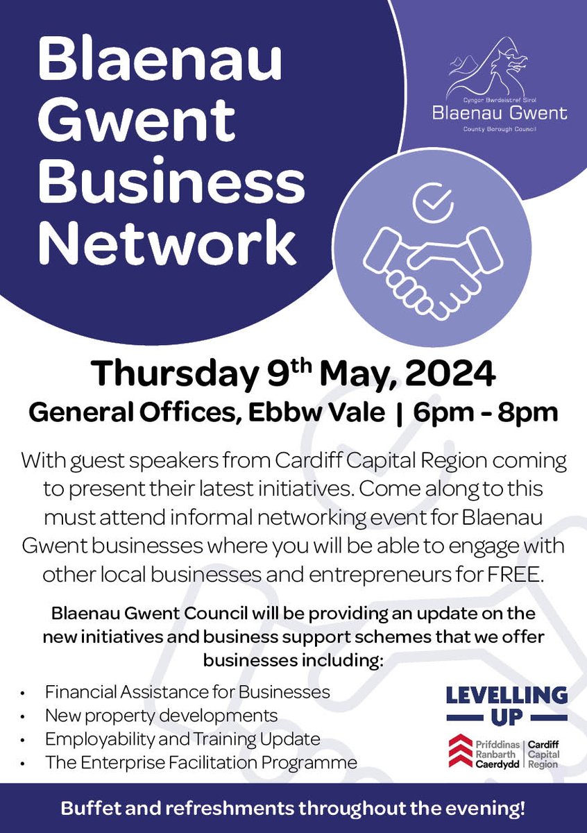 Calling all Blaenau Gwent Businesses! Click the link to book your free place loom.ly/GtN3UOY Blaenau Gwent Business Network will take place on Thursday 9th May 2024 from 18:00 to 20:00 #BleanauGwent #Business #Networking #BGBusinessHub