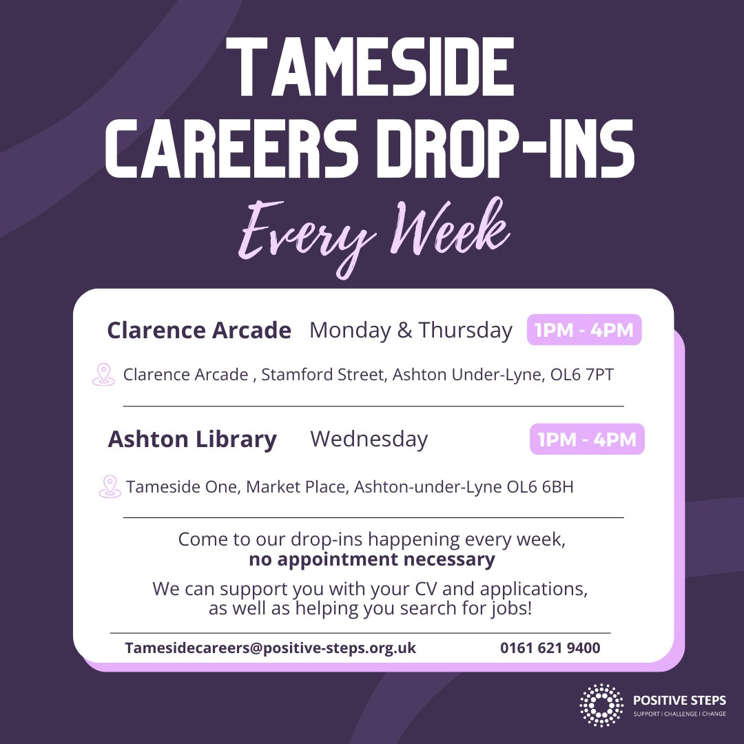 Are you aged 16-18, not in education, employment or training? Come to one of our Careers Drop-In sessions in Tameside every week! Contact us any time or call our helpline Monday -Friday - 0161 621 9400 💜 #positivecareers