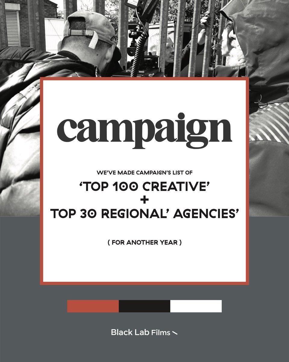 A great way to start the week.. We’ve made @campaignmagazine’s list of ‘Top 100 Creative’ and ‘Top 30 Regional’ Agencies.. (for another year) 😎 Huge thanks to all who we’ve worked with and supported us. #blacklabfilms #adagency #creative #agencies #mondaymotivation