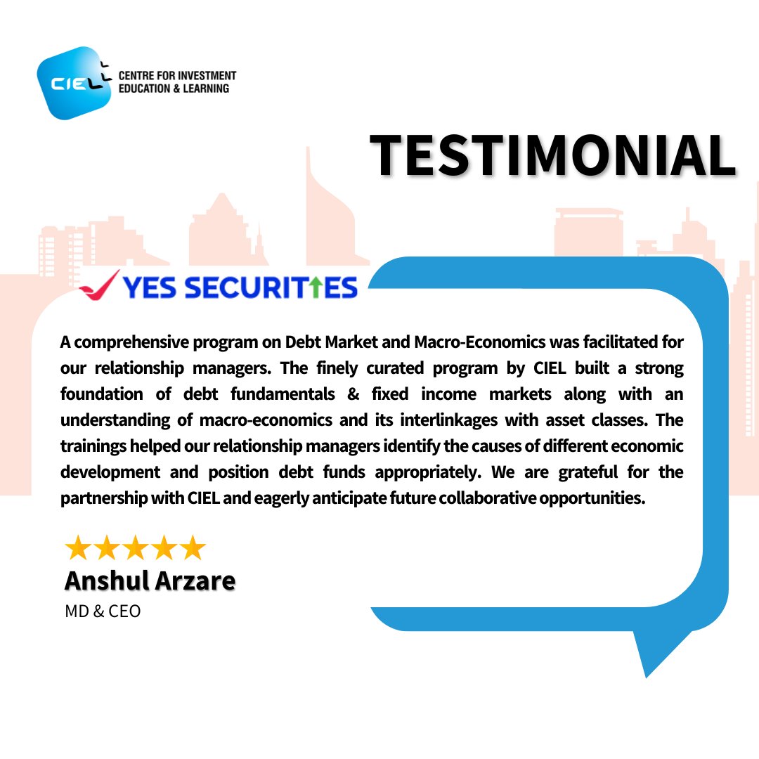 Thank you YES SECURITIES for your valuable feedback on our Debt Market and Macro-Economics program for your relationship managers.

#debtmarket #macroeconomics #assetclasses #executivedevelopmentprograms #upskilling