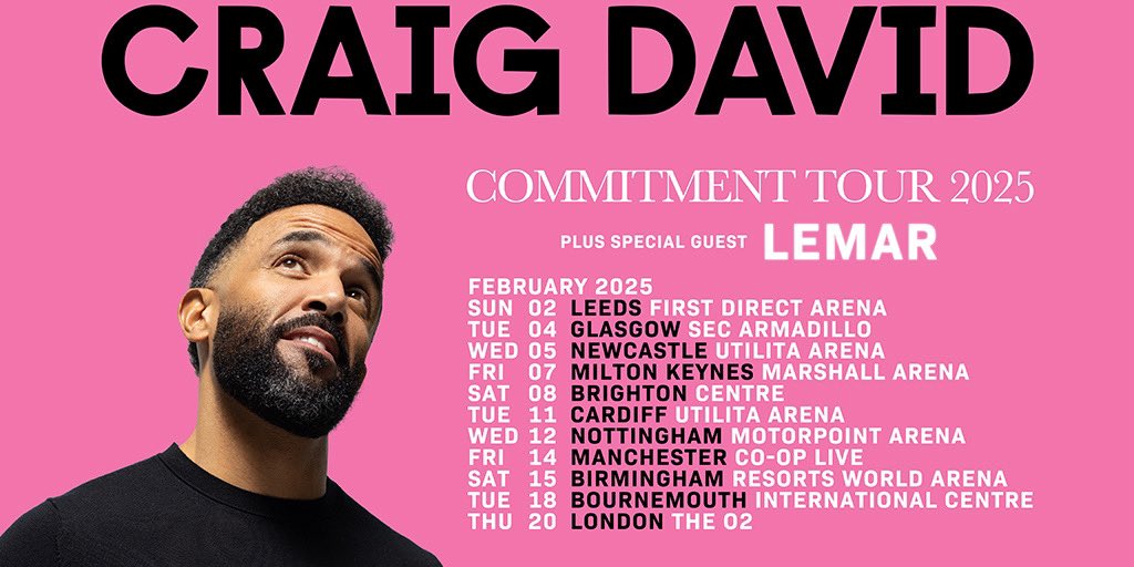 🎤 NEW SHOW 🎤 Craig David: Commitment Tour 2025. He will be here at the Arena in 2025 with special guest Lemar 📆 Tuesday 11 February 2025 👉 Tickets on general sale Friday 3 May, 10am 🎟️ Tickets via bit.ly/CDCDF25 or call 029 2022 4488