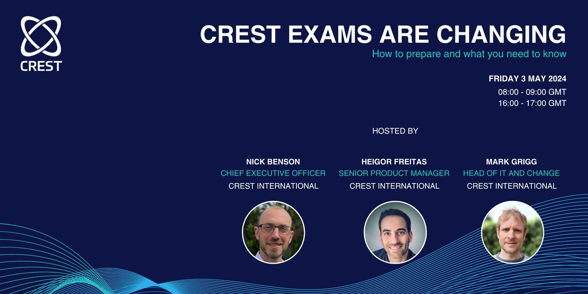 This Friday we are running webinar, CREST Exams are Changing: How to Prepare and What You Need to Know. Don't miss out! Click 🔽 and register now: Friday 3 May 08:00 – 09:00 GMT social.crest-approved.org/lW7Dq Friday 3 May 16:00 – 17:00 GMT social.crest-approved.org/tKde8 #CRESTexams