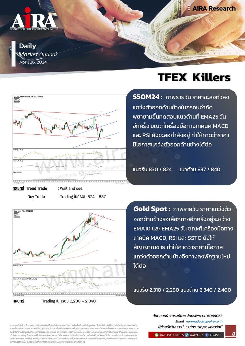 #TFEX Killers (29.04.2024)
#S50M24 Trend Trade: Wait and see. / Day Trade: Trading ในกรอบ 824-837
#GoldSpot : Trading ในกรอบ 2,280-2,340
#USDTHB : Trading ในกรอบ 36.85-37.20 
*อ่านเพิ่ม shorturl.asia/5EKcG
#วิเคราะห์tfex #tfexset50 #goldfutres #tfexgoldD #AIRATFEX #AIRATRADE