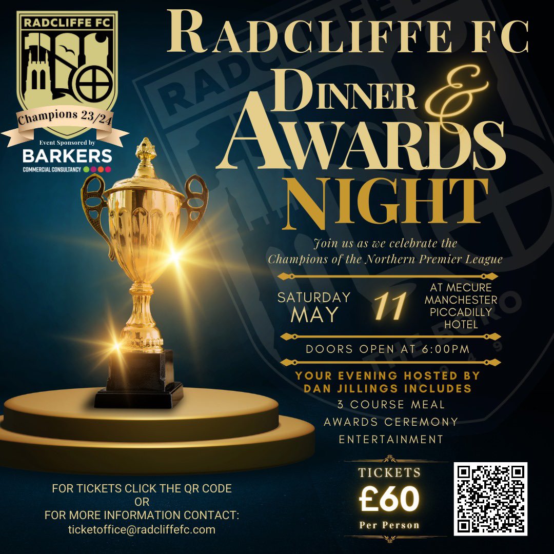 𝗥𝗮𝗱𝗰𝗹𝗶𝗳𝗳𝗲 𝗙𝗖 𝗗𝗶𝗻𝗻𝗲𝗿 𝗮𝗻𝗱 𝗔𝘄𝗮𝗿𝗱𝘀 𝗡𝗶𝗴𝗵𝘁 🌟 Tickets are now available to purchase for our upcoming awards night ⤵️ 📆 Saturday 11th May 📍 Mercure Hotel, Manchester ⌚️ Doors open at 6pm 👕 Smart Casual 🎟 bit.ly/3UfXrLv #WeAreRadcliffe #UTB