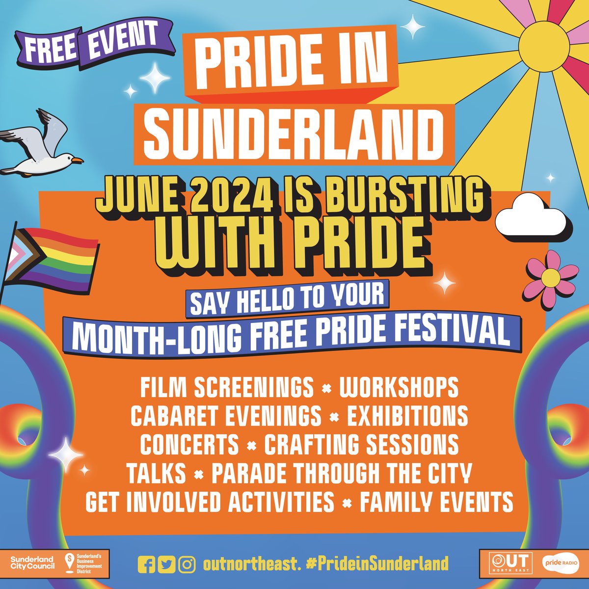 June 2024 is bursting with Pride! 🏳️‍🌈 A month-long free festival will see international music acts, film screenings, family events, a new side to a tv icon and an exhibition showcasing the Rainbow Flag as highlights of Sunderland's biggest ever Pride. orlo.uk/kPQGA
