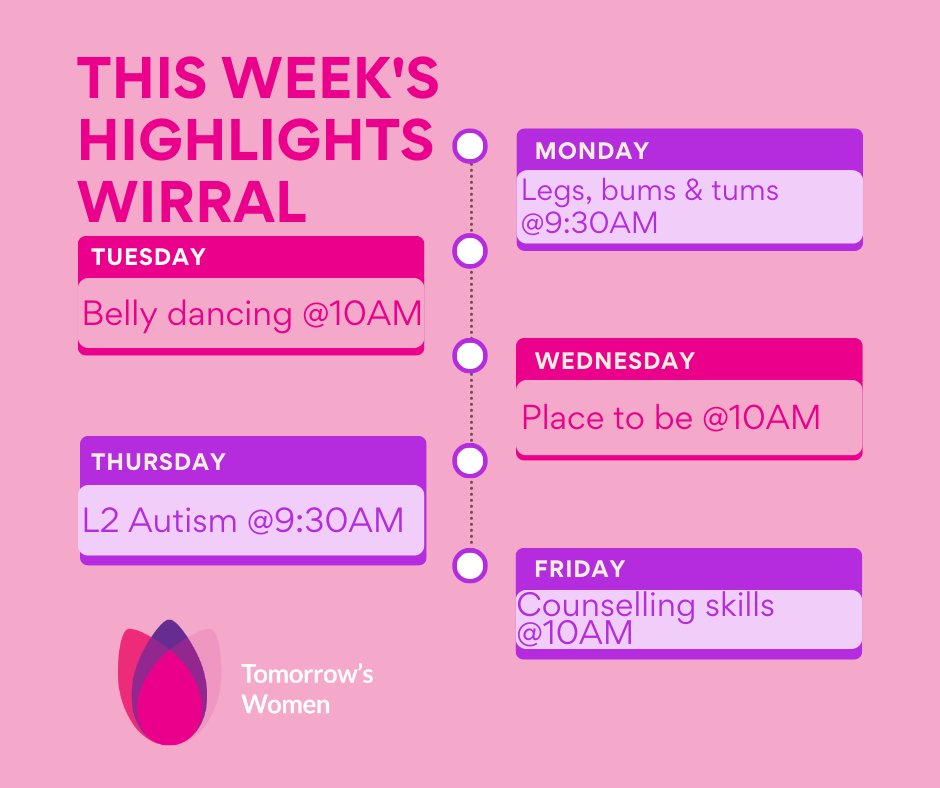 Happy Monday! Here’s this week’s highlights of what we have going on at #tomorrowswomenwirral and #tomorrowswomenchester. Remember to check out our timetable for everything else we have going on 💗 #supportforwomen #supportinwirral #supportinchester