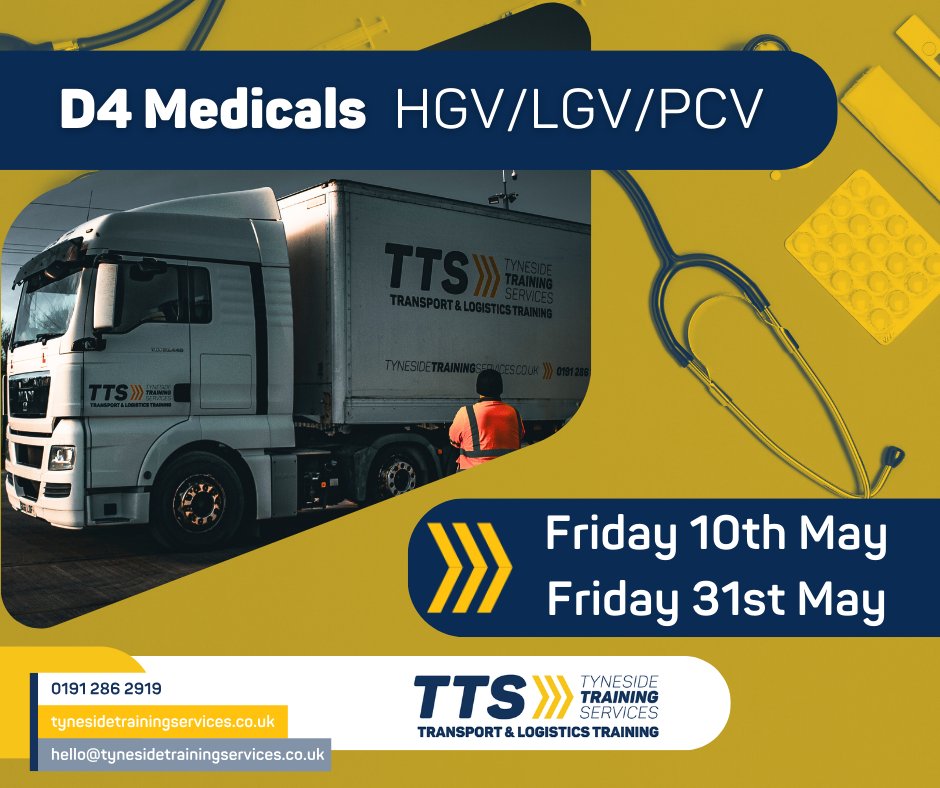 🩺𝐃𝟒 𝐌𝐞𝐝𝐢𝐜𝐚𝐥– Next available dates: 10th and 31st May
🚛 Start Your Driving Career or Renew Your Licence!
📞Book your LGV D4 medical today by calling 0191 2862919 or emailing hello@tynesidetrainingservices.co.uk.
#HGV #LGV #transportandlogistics #PCV #D4medical