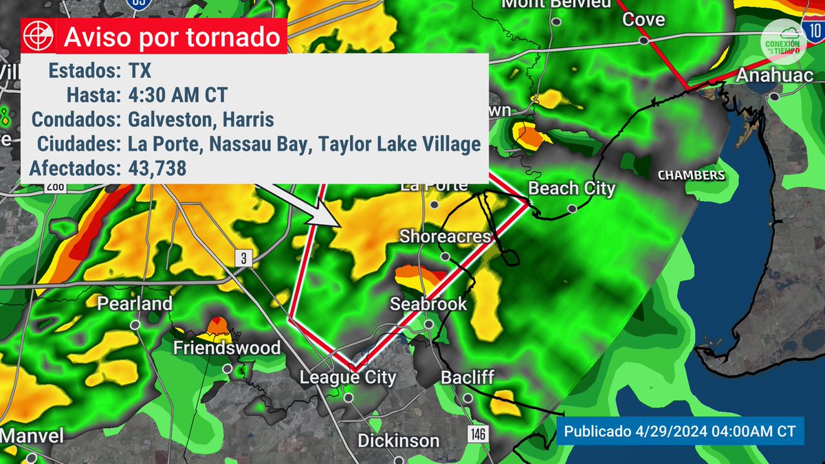 ¡Atención hay un aviso por tornado! Si estás en Harris, Galveston busca refugio ¡ahora mismo! en tu sitio seguro. Este aviso se mantiene hasta el 29 Apr 4:30AM CDT. Síguenos para más información: bit.ly/3PKAzjL