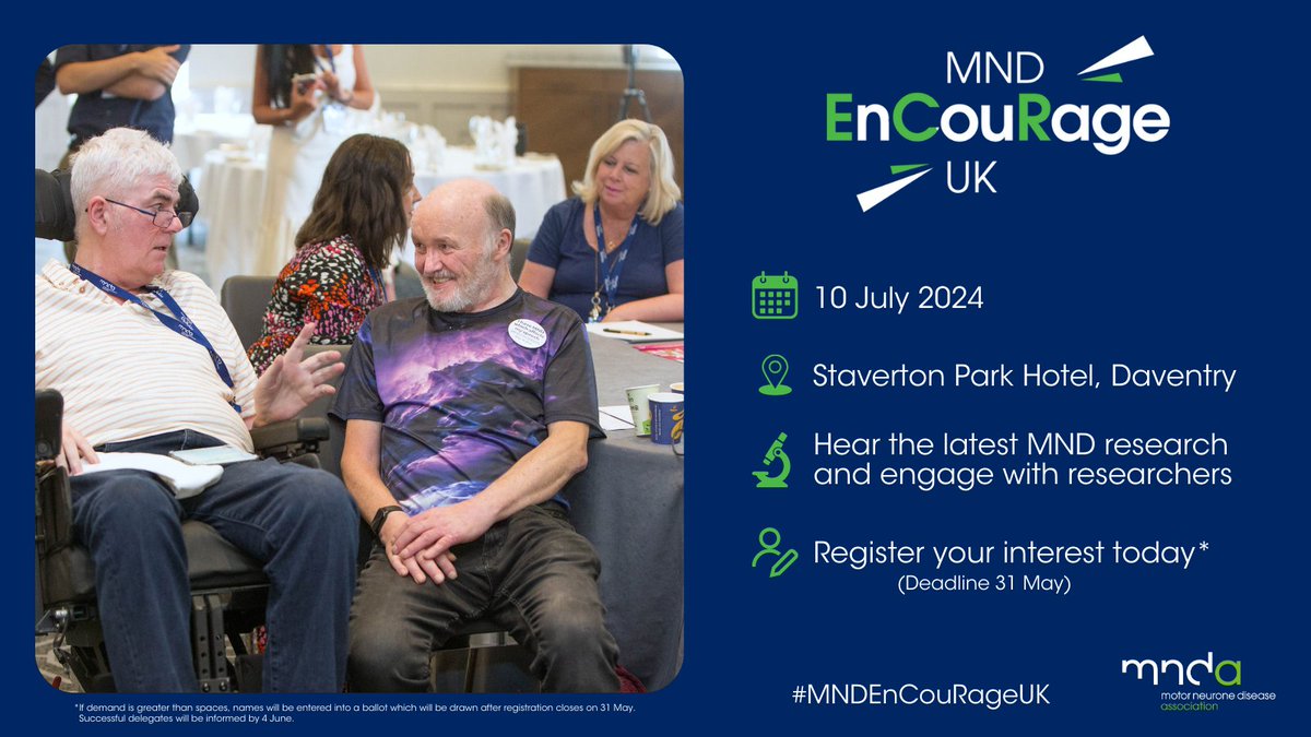 Want to hear about some of the cutting-edge #MND #ALS research happening in the UK? 🔬 Join us at #MNDEnCouRageUK! 👋 Engage with researchers 🔬 Take part in discussions about research Spaces are limited! Register your interest by 31 May ⬇ mndassociation.org/research/mnd-e…