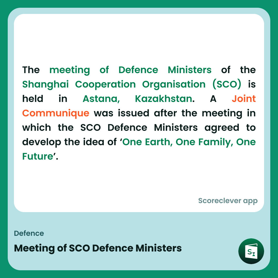 🟢🟠 𝐈𝐦𝐩𝐨𝐫𝐭𝐚𝐧𝐭 𝐍𝐞𝐰𝐬: Meeting of SCO Defence Ministers

Follow Scoreclever News for more

#ExamPrep #UPSC #IBPS #SSC #GovernmentExams #DailyUpdate #News