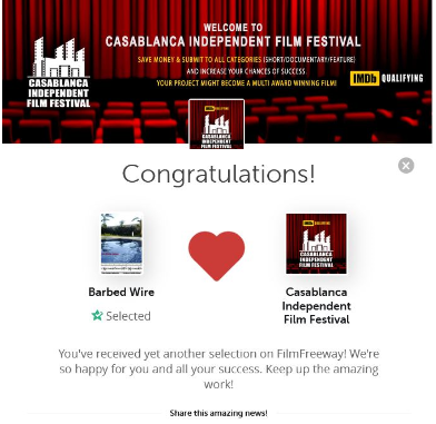 Amazing news! Barbed Wire was just selected by Casablanca Independent Film Festival via FilmFreeway.com!       سیم خاردار در کازابلانکا

فیلم کوتاه «سیم خاردار» به جشنواره فیلم‌های مستقل کازابلانکا راه یافت. /1  #festival  #filmfestival  #shorts