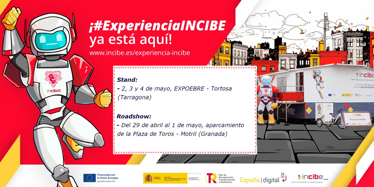 Embárcate en la #ExperienciaINCIBE y aprende sobre #ciberseguridad 🛡️. Nuestro roadshow 🚌 y el stand 🎪 te recibirán en las siguientes ubicaciones esta semana. incibe.es/experiencia-in… #NextGenerationEU ✔️