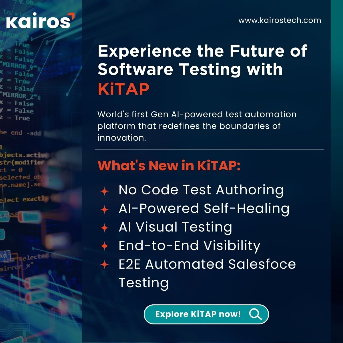 In the ever-evolving digital realm, KiTAP revolutionizes testing autonomy. Dive into a realm of seamless, automated end-to-end testing, where human intervention becomes a thing of the past. Escape the shackles of vendor limitations - elevate your testing strategy with #KiTAP.