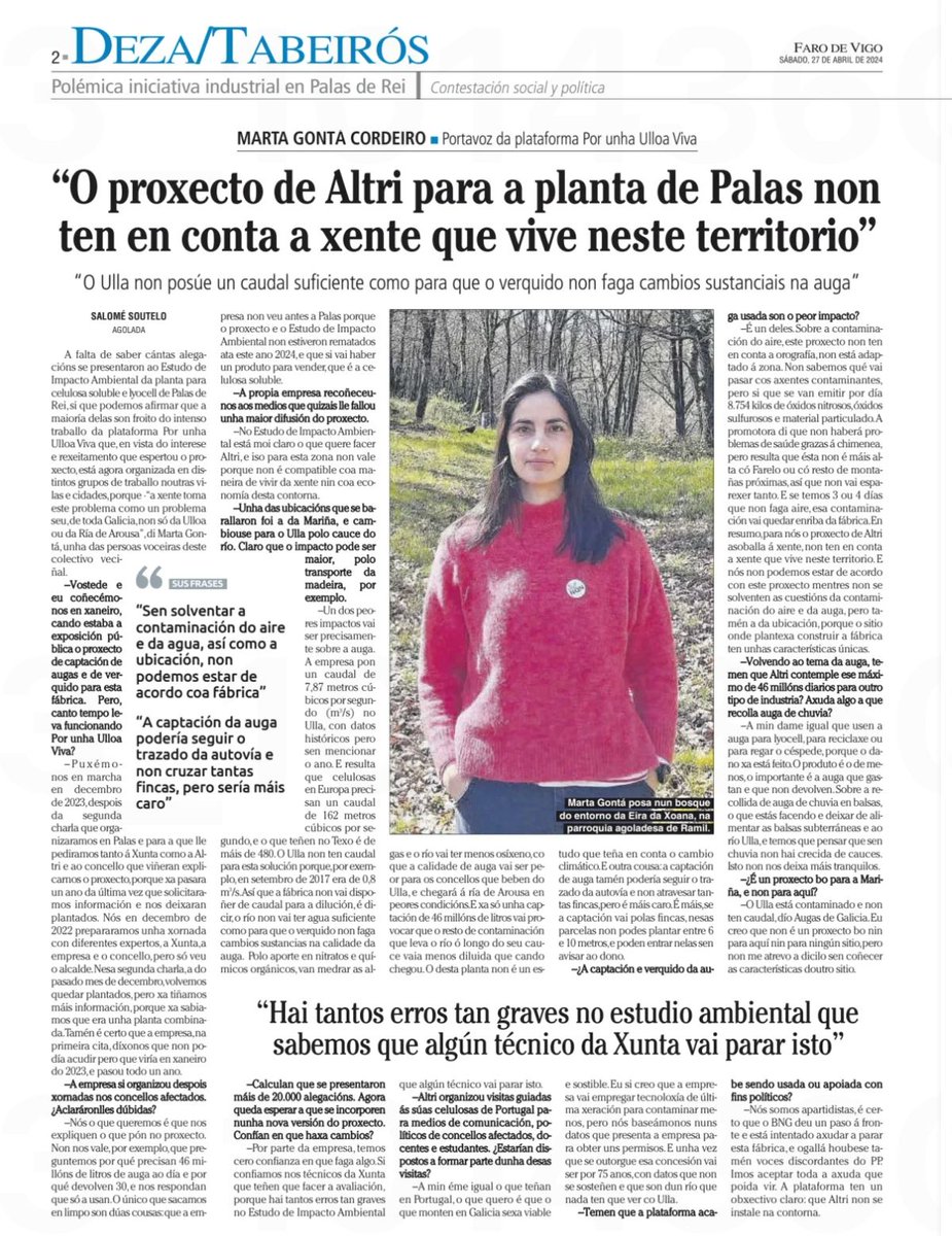 “O proyecto de Altri para a planta de Palas non ten en conta a xente que vive nese territorio”, Marta Gontá 

#GaliciaAmbiental #Altri #megaproxecto #palasderei