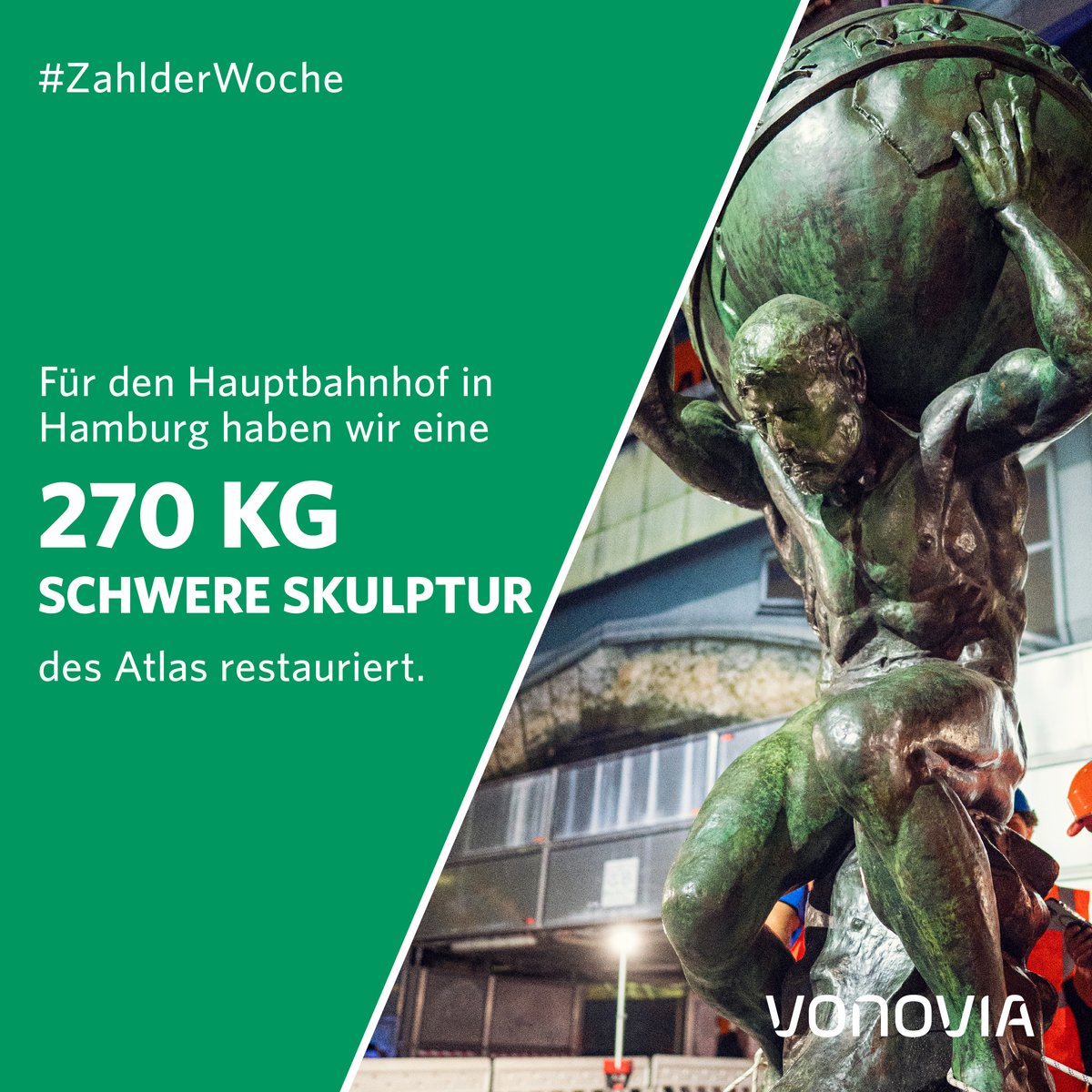 Eine schwergewichtige #VonoviaZahlderWoche: Die 270 kg schwere Atlas-Skulptur wurde von #Vonovia  aufwendig restauriert & ist nun an ihren ursprünglichen Platz auf dem Dach des Hamburger Hauptbahnhofs zurückgekehrt - nach knapp 80 Jahren! Mehr dazu: vonovia.com/presse/pressem…