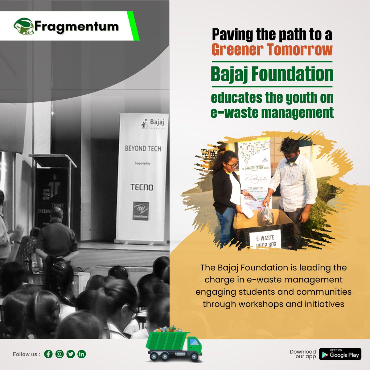 Bajaj Foundation is fighting e-waste with education!  Teaching students and communities to handle electronic devices responsibly.
To Reach us -
Visit Website:- fragmentum.in

#Fragmentum #bajajfoundation #ewaste #bajaj #gogreen #electronicwaste #wastemanagement