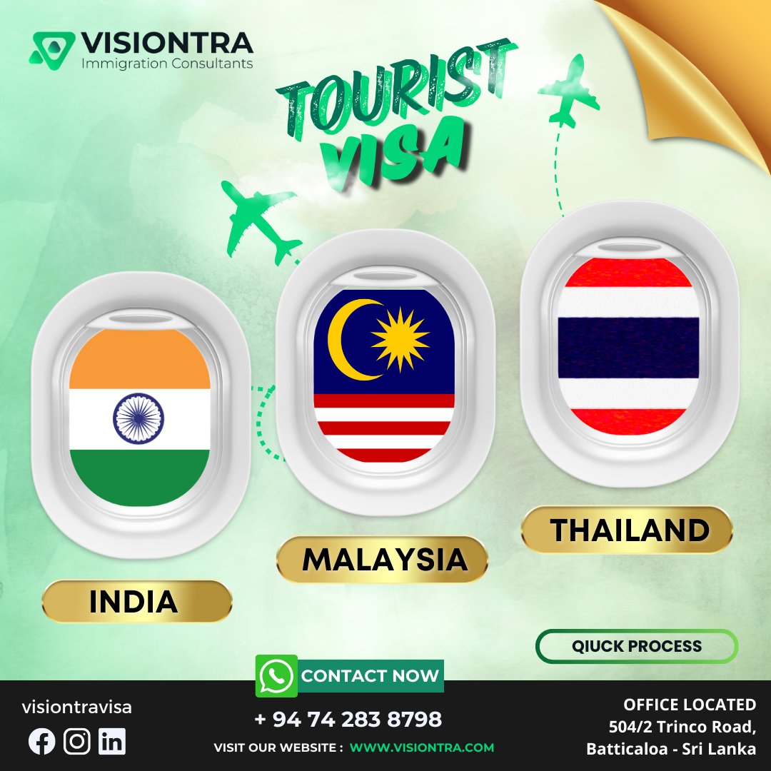 Tourist Visa Available | India, Malaysia, and Thailand! 
 Our quick visa process ensures you waste no time in planning your adventure! 💼 

#VisiontraImmigration #GlobalOpportunities #VisaMagic #europejobs #europejobsinsrilanka #Srilankavisaagency #Visaagencyinsrilanka #Visiontra