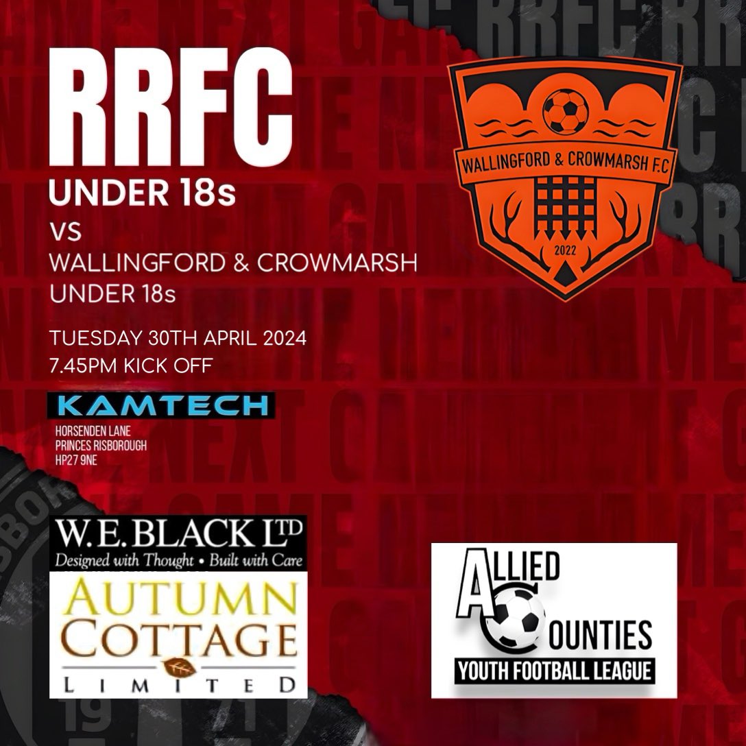 Tomorrow evening we have our penultimate @ACYFLofficial North Division game when we welcome @wandcfc u18s to the KAMTECH Stadium, kick off is 7.45pm #uptheris @RRFC_1971 @ris_rangersjfc @kamtechgarage @mpsworkwearcouk @PlacesLeisure #weblackltd #autumncottageltd