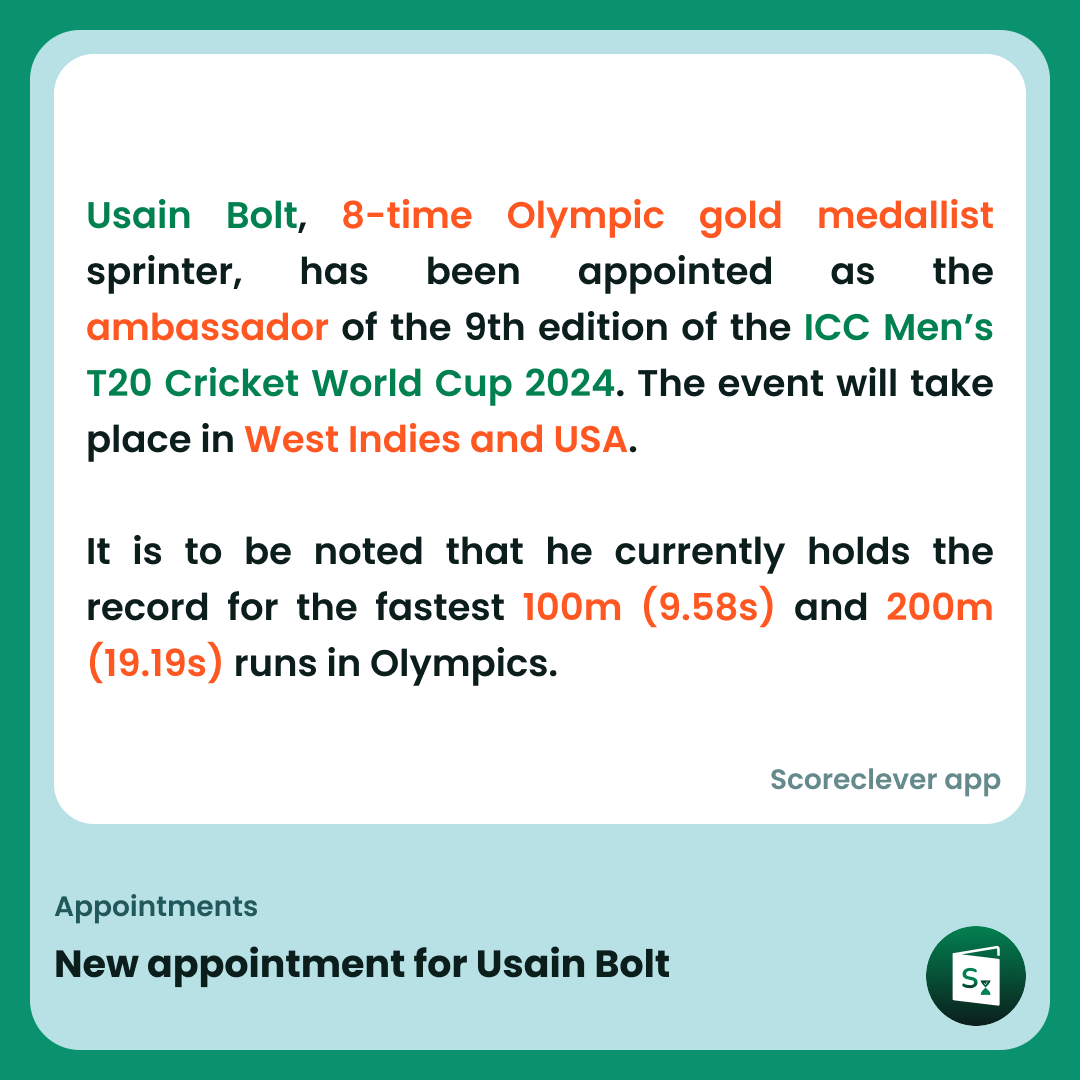 🟢🟠 𝐈𝐦𝐩𝐨𝐫𝐭𝐚𝐧𝐭 𝐍𝐞𝐰𝐬: New appointment for Usain Bolt

Follow Scoreclever News for more

#ExamPrep #UPSC #IBPS #SSC #GovernmentExams #DailyUpdate #News