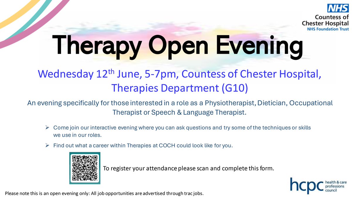 Aspiring for a career in Therapies? Whether you’re interested in Physiotherapy, Occupational Therapy, Speech & Language Therapy or Nutrition & Dietetics don’t miss this event at @TheCountessNHS Register here: forms.office.com/Pages/Response…