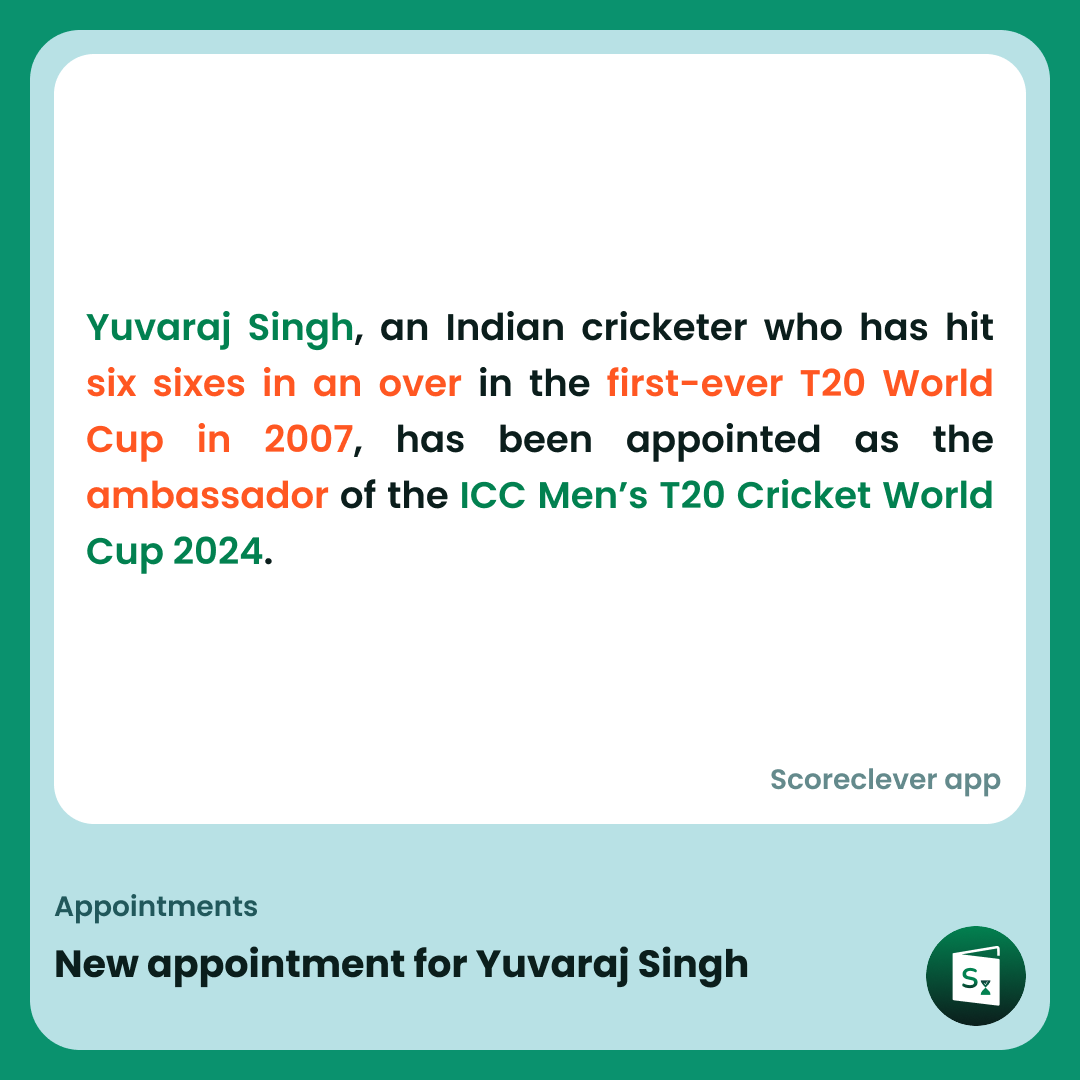 🟢🟠 𝐈𝐦𝐩𝐨𝐫𝐭𝐚𝐧𝐭 𝐍𝐞𝐰𝐬: New appointment for Yuvaraj Singh

Follow Scoreclever News for more

#ExamPrep #UPSC #IBPS #SSC #GovernmentExams #DailyUpdate #News